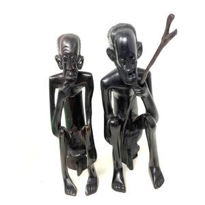 Warrior & Smoking Man Art Handmade Carved Wood Statue Figural Nude African